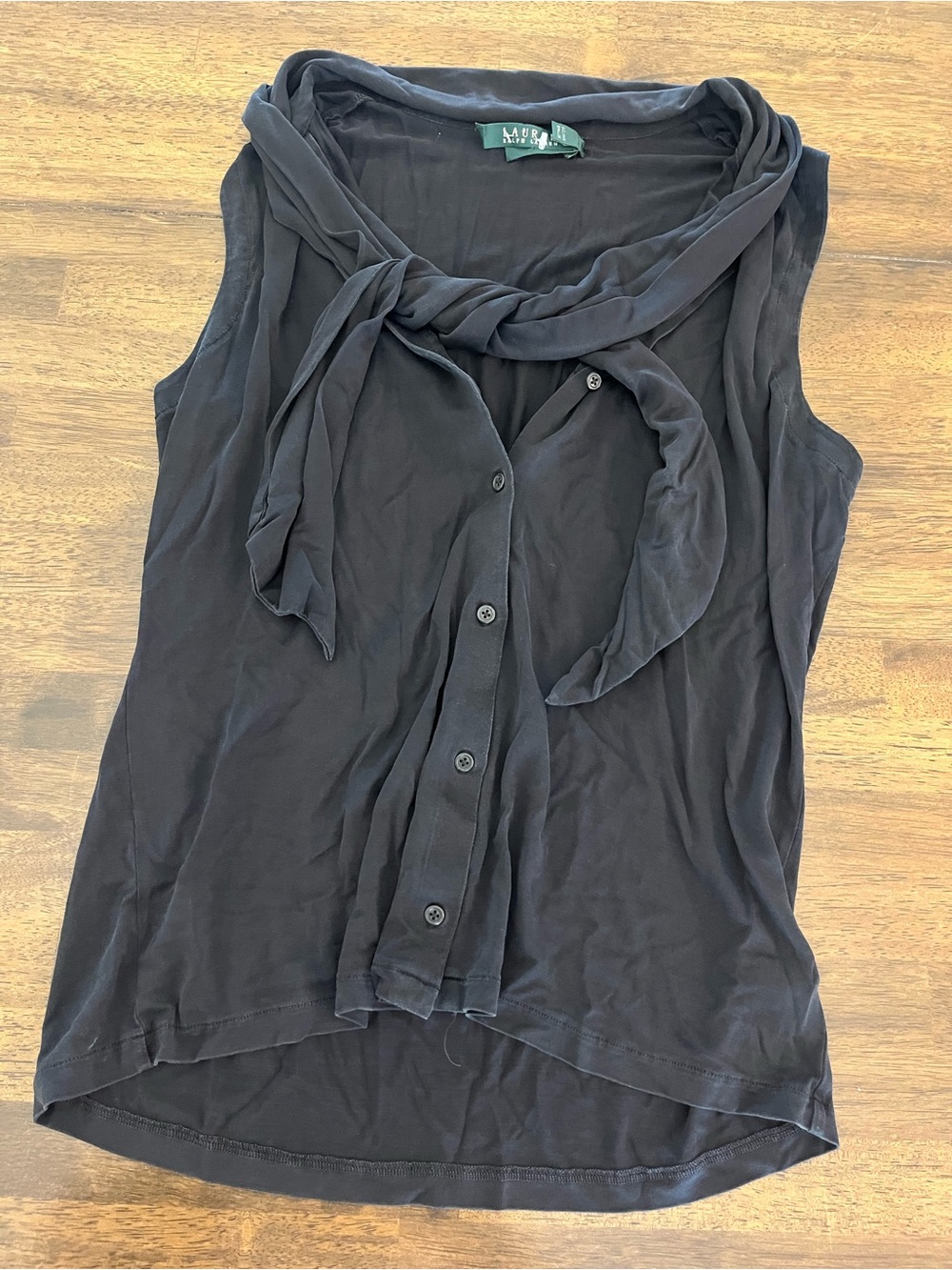Lauren Ralph Lauren Premium Silk Black Tie Neck Sleeveless Button Down Top Sz L